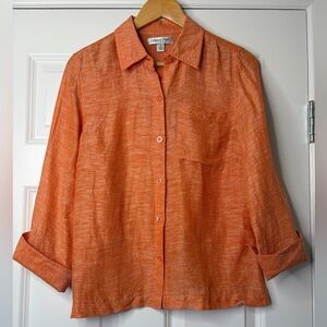 Coldwater Creek Vibrant Linen and Silk Button Down Orange Textured Blouse Size M